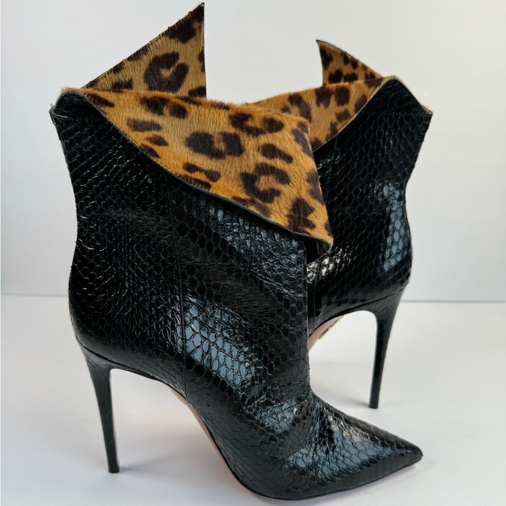 Aquazzura Black Snakeskin Pointed Toe Bootie with Leopard Print Cuff - Picture 9 of 12